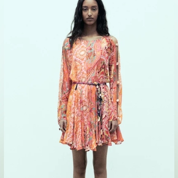 Zara boho printed viral blogger summer long sleeve mini dress - Picture 12 of 14
